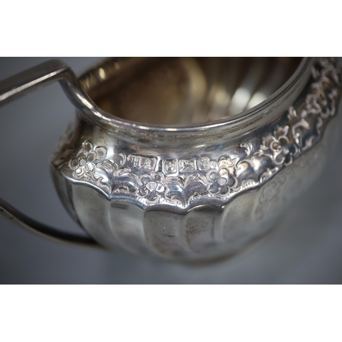 194 - Bag of silver to include: fluted cream jug, 18th century spoon, pair of bonbon dishes and pair of su... 