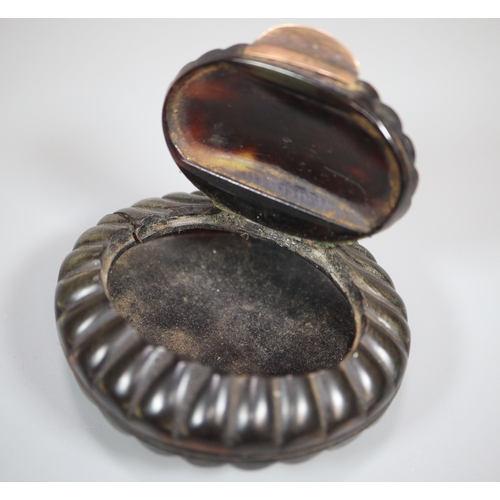 197 - 18th/19th century tortoiseshell and gold inlaid shell shaped snuff box.   (B.P. 21% + VAT)