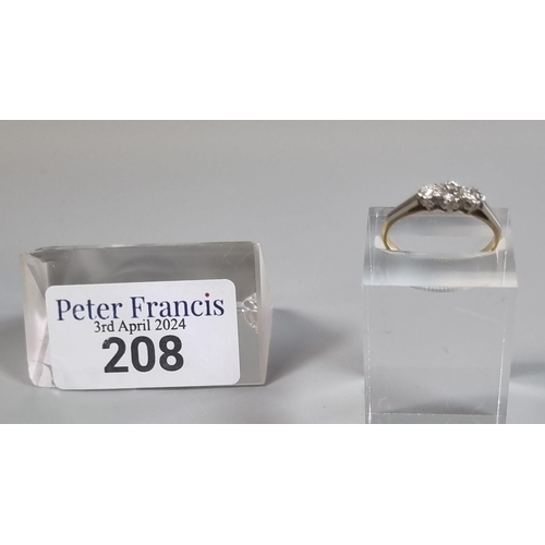 208 - 18ct gold and platinum three stone diamond ring.  2.1g approx.  Size N.   (B.P. 21% + VAT)