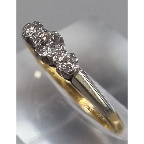 208 - 18ct gold and platinum three stone diamond ring.  2.1g approx.  Size N.   (B.P. 21% + VAT)