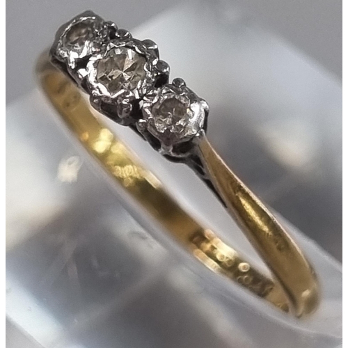 210 - 18ct gold and platinum three stone diamond ring.  2g approx.  Size M1/2.   (B.P. 21% + VAT)