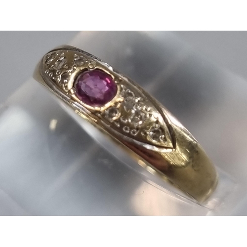 212 - 9ct gold diamond and ruby ring.  1.5g approx.  Size O.   (B.P. 21% + VAT)