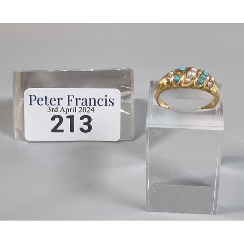 213 - 18ct gold pearl and turquoise stone ring.  5.2g approx.  Size O1/2.   (B.P. 21% + VAT)