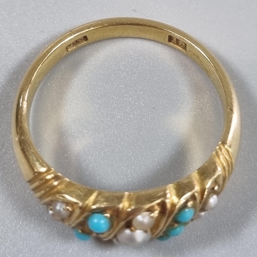 213 - 18ct gold pearl and turquoise stone ring.  5.2g approx.  Size O1/2.   (B.P. 21% + VAT)