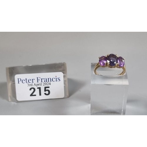 215 - 9ct gold and purple three stone dress ring.  2.7g approx. Size P.   (B.P. 21% + VAT)