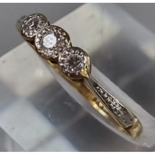 218 - 18ct gold and platinum three stone diamond ring.  2g approx.  Size P1/2.   (B.P. 21% + VAT)