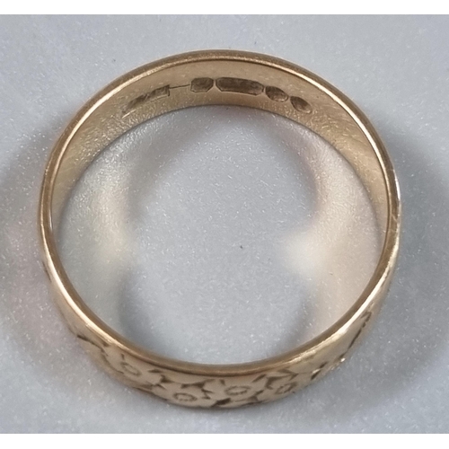 229 - 9ct gold engraved wedding band.  2.1g approx.  Size K1/2.   (B.P. 21% + VAT)