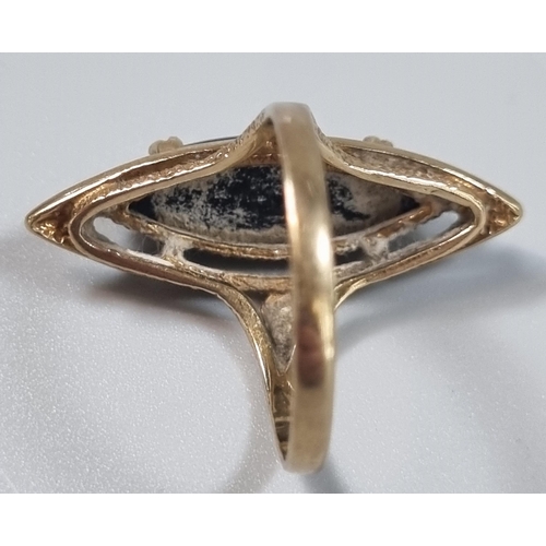 238 - 9ct gold modernist design black hard stone dress ring.  3.4g approx.  Size N.   (B.P. 21% + VAT)