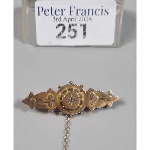 251 - Victorian 9ct gold brooch with tiny diamond chip.  3.2g approx.   (B.P. 21% + VAT)