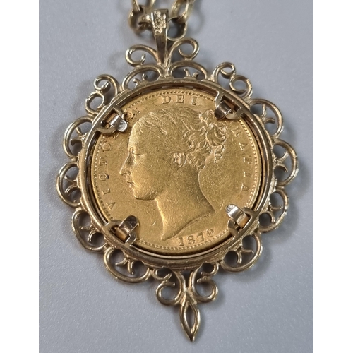 253 - Victorian gold full Sovereign dated 1870 in ornate 9ct gold mount and 9ct gold curb link chain.  24.... 