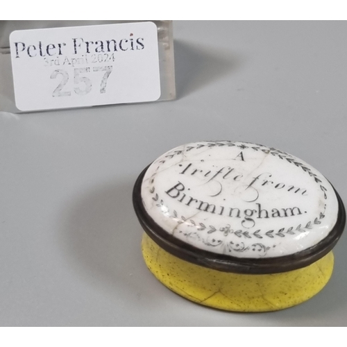 257 - 18th century Bilston enamel patch box, 'A Trifle from Birmingham'.   (B.P. 21% + VAT)