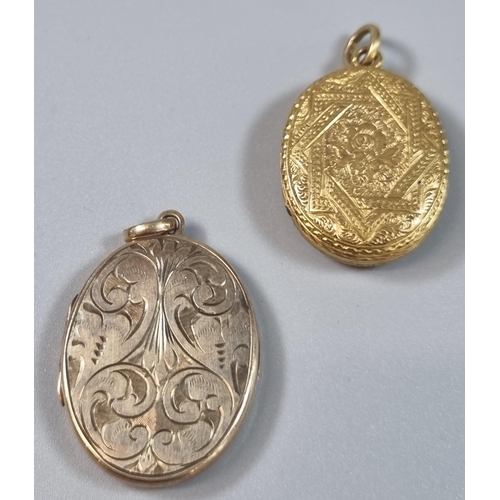 258 - 9ct gold engraved locket of oval form together with another ornate yellow metal engraved locket.  (2... 