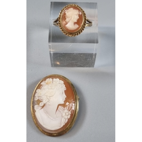 261 - 9ct gold cameo ring.  2.7g approx.  Size M, together with an 18ct gold cameo brooch.  (2)   (B.P. 21... 