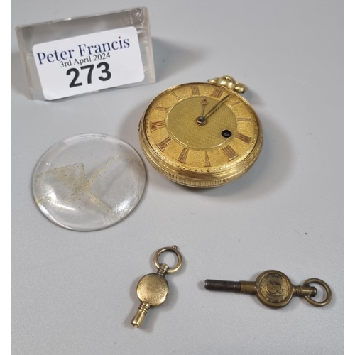 273 - 19th century 18ct gold keyless fusee movement open face pocket watch with engine turned case and Rom...