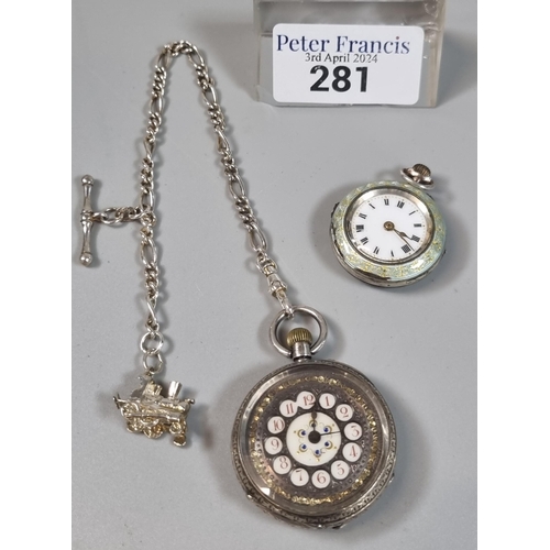 281 - Small silver enameled ladies top wind open faced fob watch with Roman enamel face together with anot... 