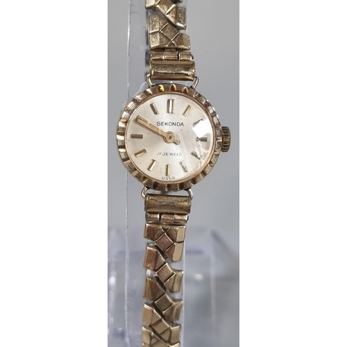 285 - Ladies 9ct gold Sekonda wristwatch on gold plated bracelet together with a silver watch chain having... 