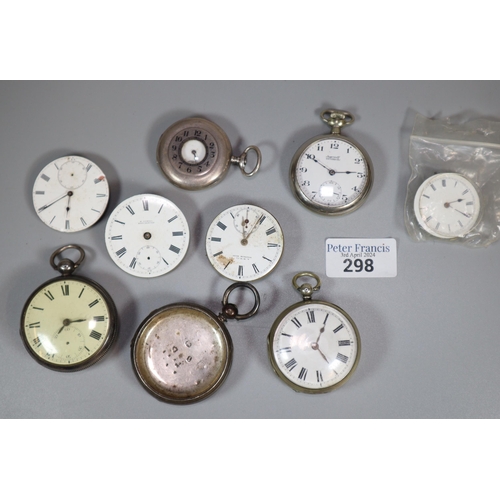 298 - Bag of assorted pocket watches, some silver and pocket watch movements to include: Waltham, Ingersol... 