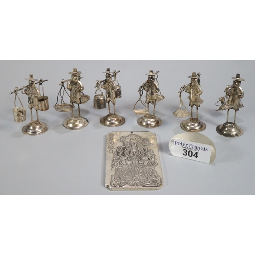 304 - Collection of Asian white metal figures of farmers with their scales and buckets, marked to the unde... 