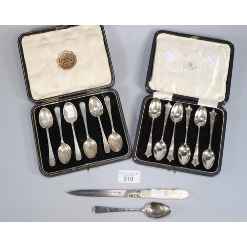 310 - Two cased sets of six silver teaspoons.  4.7 troy oz approx., together with another silver spoon and... 