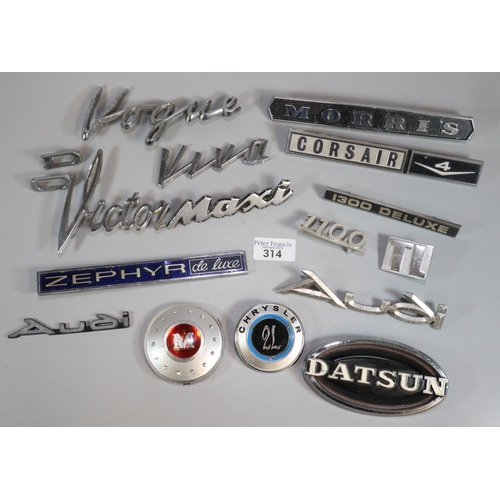 314 - Collection of vintage and other car badges to include: Corsair, Victor, Datsun, Morris, Zephyr De Lu... 