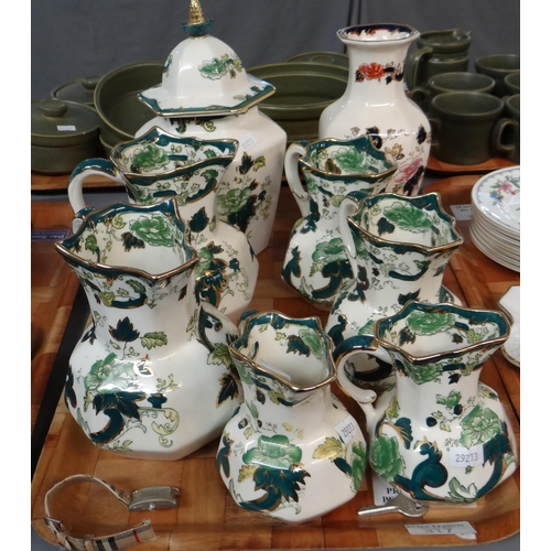 317 - Tray of mostly Mason's Ironstone china to include: 'Chartreuse' design graduated dresser jugs, ginge... 