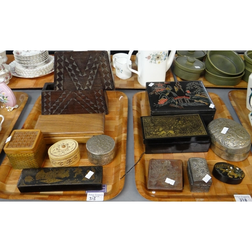 318 - Two trays of various mostly oriental design boxes to include: repousse copper box with oriental figu... 