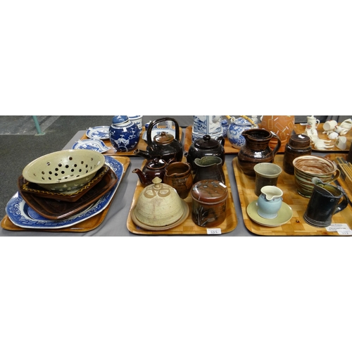 322 - Three trays of Art pottery to include: various jugs, lidded canister, mug, teapots, cheese bell, Mar... 