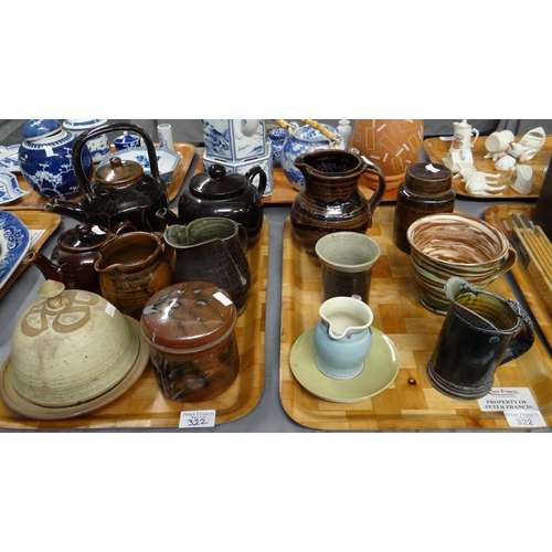 322 - Three trays of Art pottery to include: various jugs, lidded canister, mug, teapots, cheese bell, Mar... 