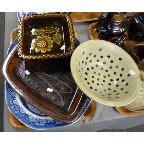 322 - Three trays of Art pottery to include: various jugs, lidded canister, mug, teapots, cheese bell, Mar... 