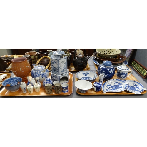 323 - Two trays of oriental design china to include: blue and white chocolate cup with lid, prunus blossom... 