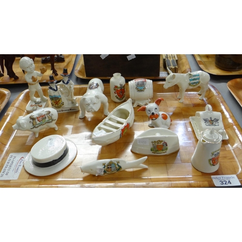 324 - Tray of crested souvenir ware to include: Welsh ladies with spinning wheel, boxing figure, Dover bul... 