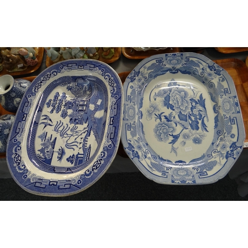 333 - Three trays of blue and white china to include: willow design meat plate with well, Mason's patent i... 