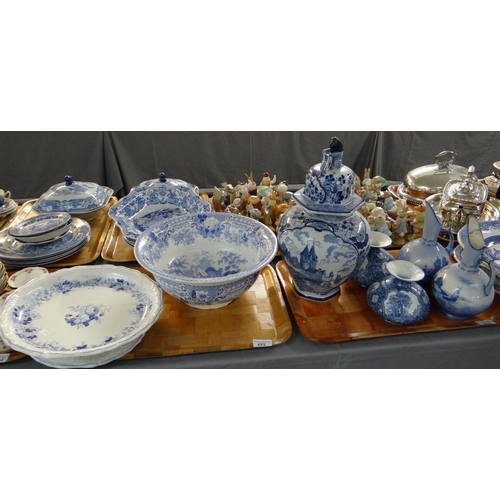 333 - Three trays of blue and white china to include: willow design meat plate with well, Mason's patent i... 