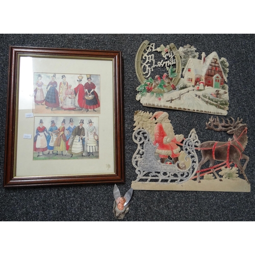 338 - A framed pair of prints of the 'Costumes of North and South Wales', together with vintage Christmas ... 