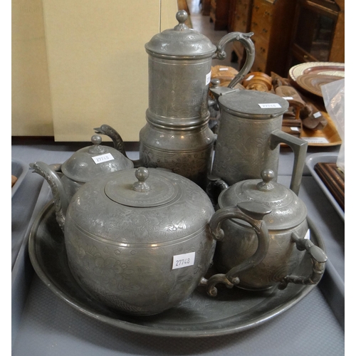 340 - Chinese Kut Hing Swatow pewter six piece tea and coffee set on tray with engraved decoration. 
(B.P.... 