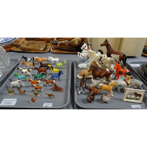 341 - Two trays of china, mostly models of horses to include: Beswick foals, John Beswick Norman Thelwell ... 