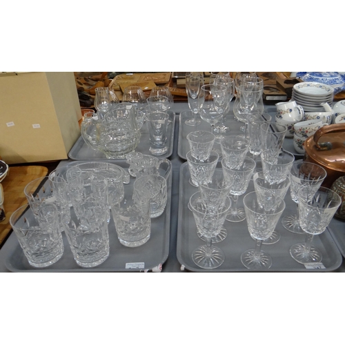 347 - Four trays of glassware to include some Waterford; wine glasses, champagne flutes, milk jug etc, thi... 