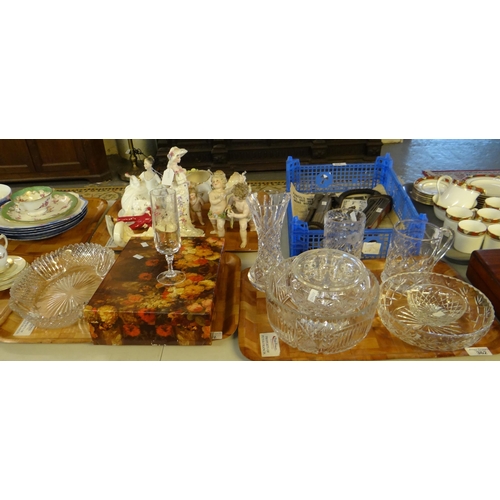 362 - Two trays of glassware to include: vases, tankard, bowls, pedestal posey bowl, set of etched glass c... 