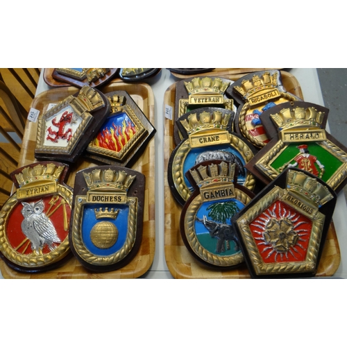 378 - Four trays of Royal Navy Ship's Crests to include: H.M.S Crusader, H.M.S Cleopatra, H.M.S Cordelia, ... 