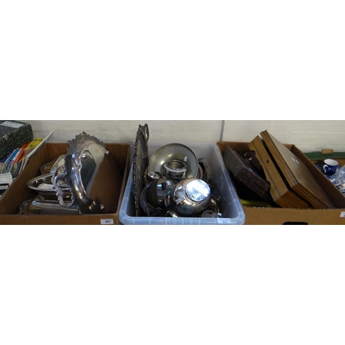 401 - Three boxes of metalware to include: plated trays, teapots, sugar bowls, serving dishes, pedestal bo... 