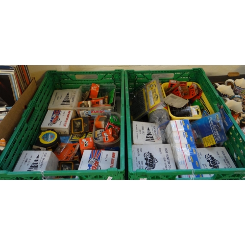 408 - Two crates of vintage automobilia to include: Rob Hunter dry charged batteries, Lucas contact sets, ... 