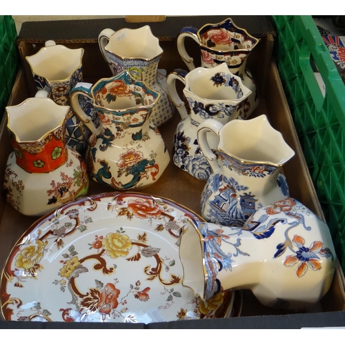 409 - Box of Mason's Ironstone dresser jugs and plates in various patterns to include: 'Cathay', 'Gold Wil... 