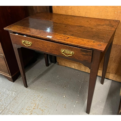 443 - Early 19th century oak single drawer side table on square tapering legs.  84x52x75cm approx.  (B.P. ... 