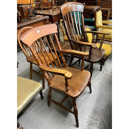 470 - Collection of chairs to include: two similar elm and beech spindle and slat back farmhouse carver ch... 