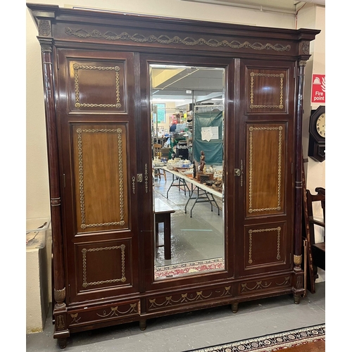 481 - Good quality early 20th century French design mahogany three section  wardrobe with mirrored centre ... 