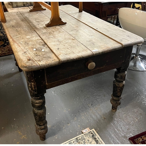 484 - Late Victorian distressed pine single drawer farmhouse kitchen table.  132x88x77cm approx.   (B.P. 2... 