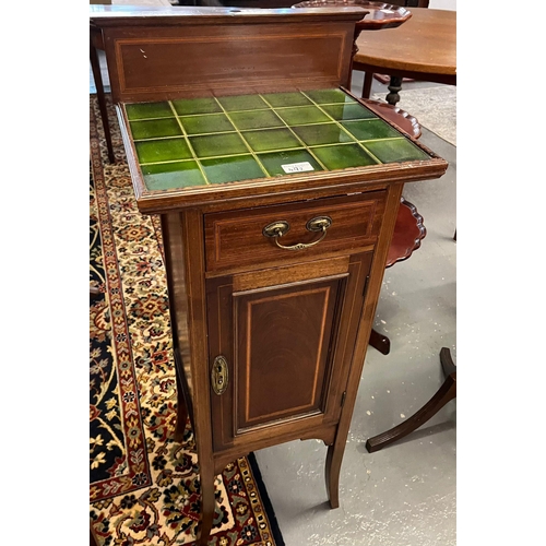 492 - Edwardian mahogany inlaid Sutherland table together with an Edwardian mahogany inlaid tile top pot c... 