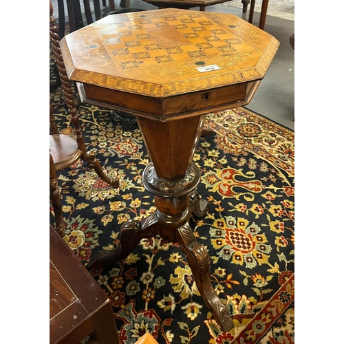 494 - Victorian walnut mixed woods inlaid octagonal tripod games table and work box.   (B.P. 21% + VAT)