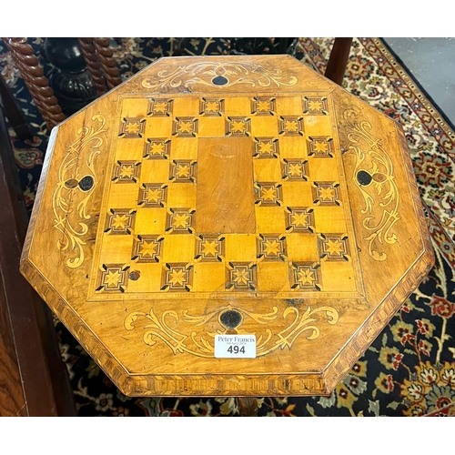 494 - Victorian walnut mixed woods inlaid octagonal tripod games table and work box.   (B.P. 21% + VAT)