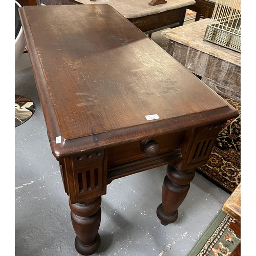 500 - Two similar late Victorian pitch pine Gothic design tables.  (2)   (B.P. 21% + VAT)